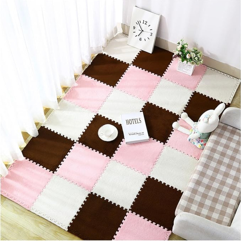 CucCe Plush Foam Floor Mats, Interlocking Plush Foam Floor Mat, DIY Cuttable Square Foam Puzzle Rug, Soft, Non-Slip Climbing Mat, Foam Carpet (White + Pink + Dark Coff