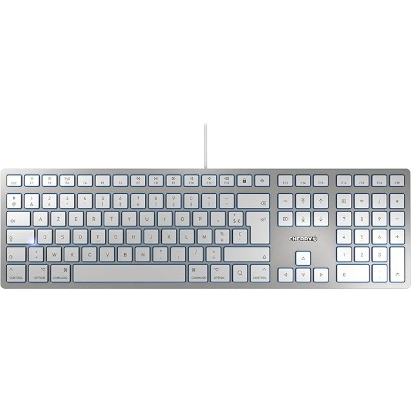 CHERRY KC 6000 SLIM FOR MAC, Wired Mac Keyboard (USB-A Port), French Layout (AZERTY), Whisper Quiet Keys, Flat Design, White/Silver