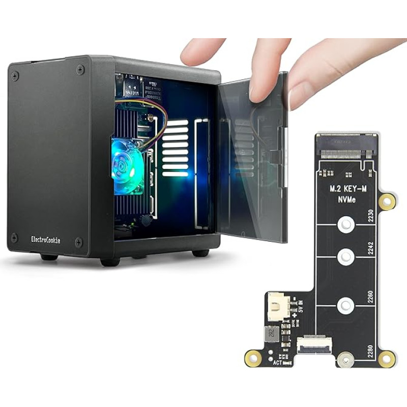 ElectroCookie Mini PC Case for Raspberry Pi 5 with M.2 NVMe SSD PCIe HAT and Active RGB Lighting Cooler (Black Case + M.2-HAT[X1001])