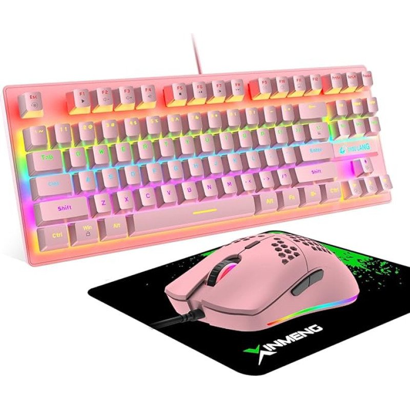ZIYOU LANG rožinės spalvos laidinės žaidimų klaviatūros pelės rinkinys, TKL 80 % QWERTY išdėstymas, kompaktiški 87 klavišai, paspaudžiamas mėlynas jungiklis, vaivorykštinis LED apšvietimas, mechaninė klaviatūra + 6400 DPI lengva 