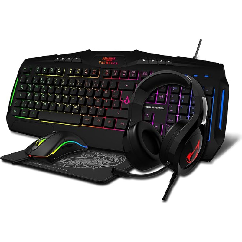 L33T Assassin's Creed Valhalla 4-in-1 Battle Pack, 50 mm garsiakalbio vairuotojo ausinės su mikrofonu, žaidimų klaviatūra ir optinė pelė su RGB apšvietimu, neslystantis tekstilinis pelės kilimėlis, juodos spalvos