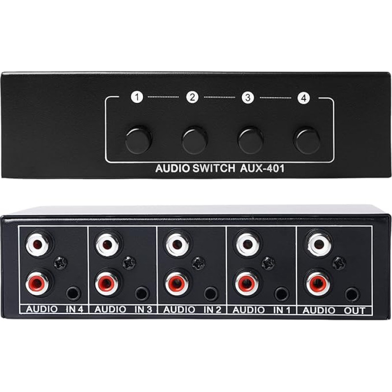 AUX Audio Switcher, Audio Video Splitter 4 in 1 Out, Audio Switcher, Audio Selection Box, Bi-Directional Audio Switch 3.5 mm Aux + RCA L/R, Passive Audio Switcher for Headphones, Telephone, Sound