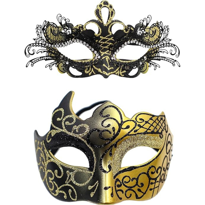 JewelryWe Venecijos kaukė Pora maskarado kaukė Metalinė kaukė su akmenimis akių kaukės kostiumas kaukės rinkinys moterims vyrams Helovinas karnavalas šalis Prom
