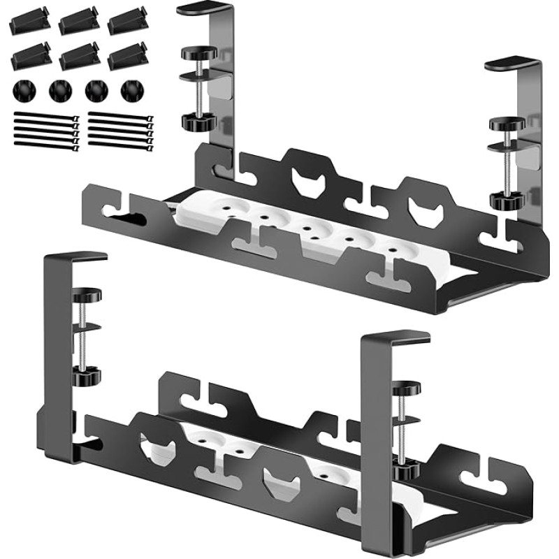 Mimoke Adjustable Cable Management Basket Under Desk Heavy Duty Cable Organiser, Load Capacity up to 30 kg, Ventilated Design for Heat Dissipation (Black, Pack of 2)