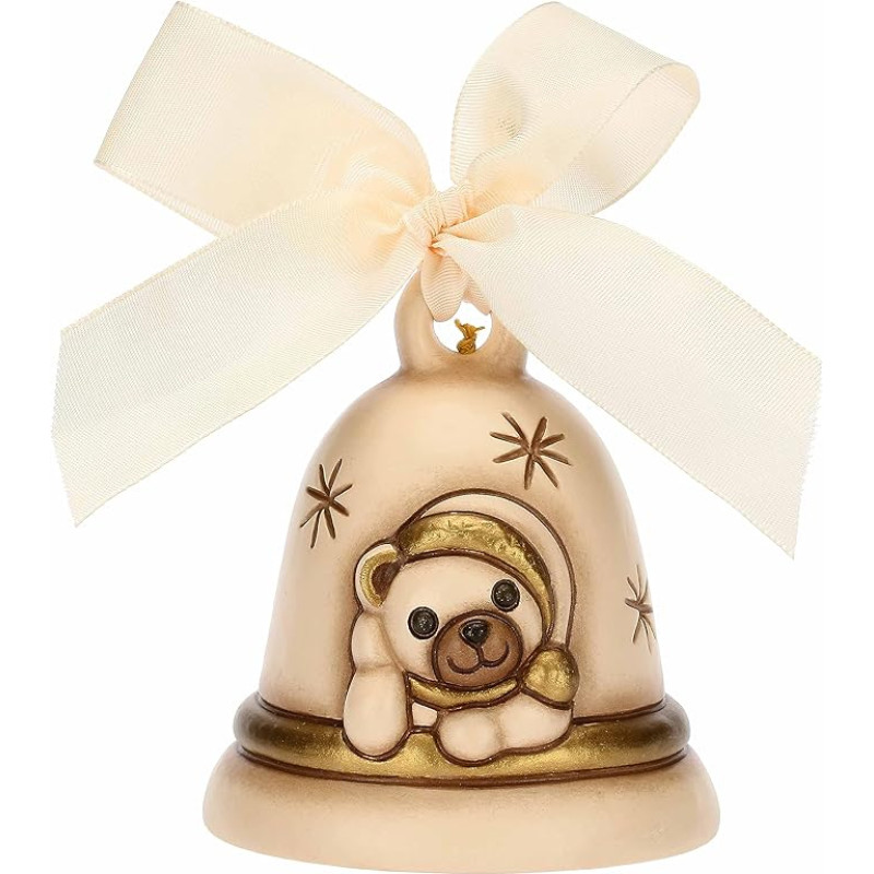 THUN - Bell Limited Edition 2023 Cream with Ceramic Teddy Hand Decorated Christmas Decoration, 7.3 x 7.3 x 8.5 cm H