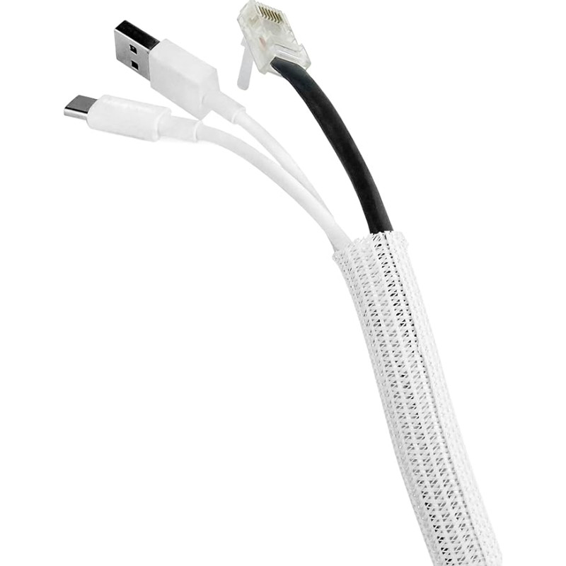 QWORK® Self-Closing Cable Sleeve, Cuttable Woven Cable Duct, White, Cable Protection, Diameter 13-20 mm, 3 Metres