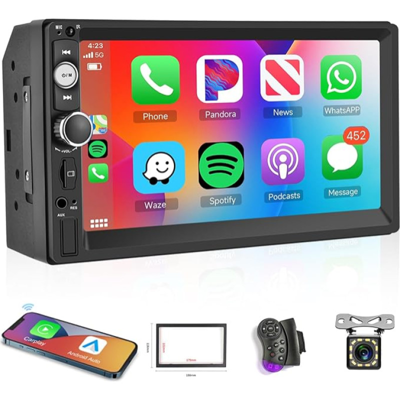 Wireless Carplay Android Car 2 Din Car Radio, 7 Inch HD Touch Screen Multimedia Player with Bluetooth/Mirror Link/USB/AUX/FM Radio + Reversing Camera