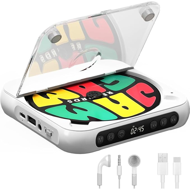 Portable CD Player with Bluetooth, Rechargeable Walkman CD Player for Home, Built-in HiFi Speaker, Earphone, LCD Screen, Supports CD/AUX/USB and Repeat Modes - White