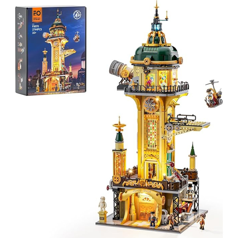 FUNWHOLE Steampunk Observatorijos bokšto apšvietimo kaladėlių rinkinys - 2744 detalių Viktorijos laikų mechaninis modulinis statinys suaugusiesiems ir Steampunk mėgėjams