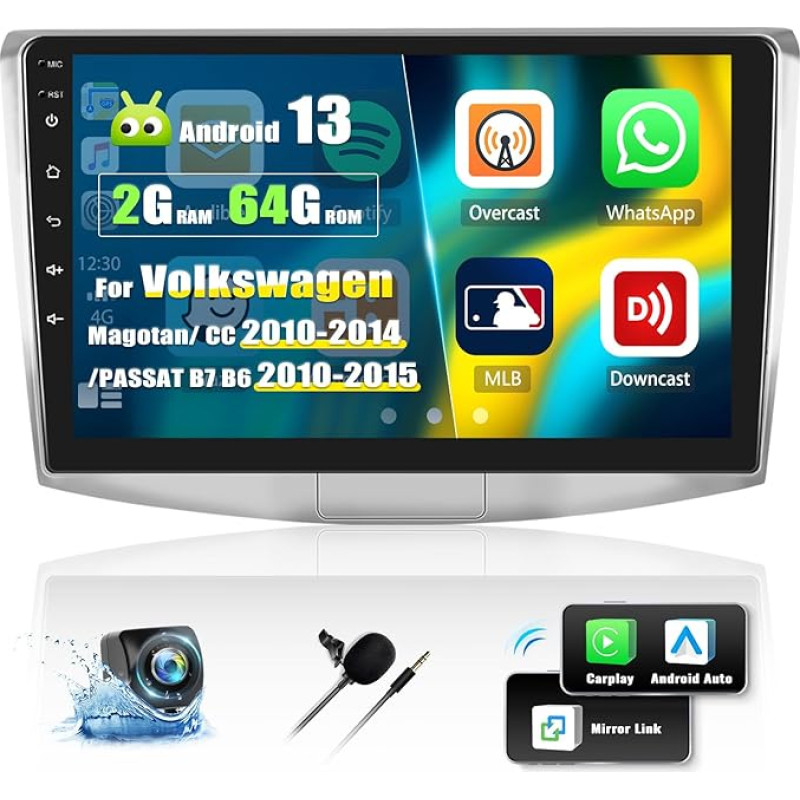 [2G + 64G] Android 13 automobilinis radijas VW Magotan/CC/Passat B7/B6 2010-2015 su Carplay Android automobiliu, 10 colių jutiklinio ekrano radijas su Bluetooth GPS WiFi FM/RDS Mirror Link + AHD & Mic atbulinės eigos kamera
