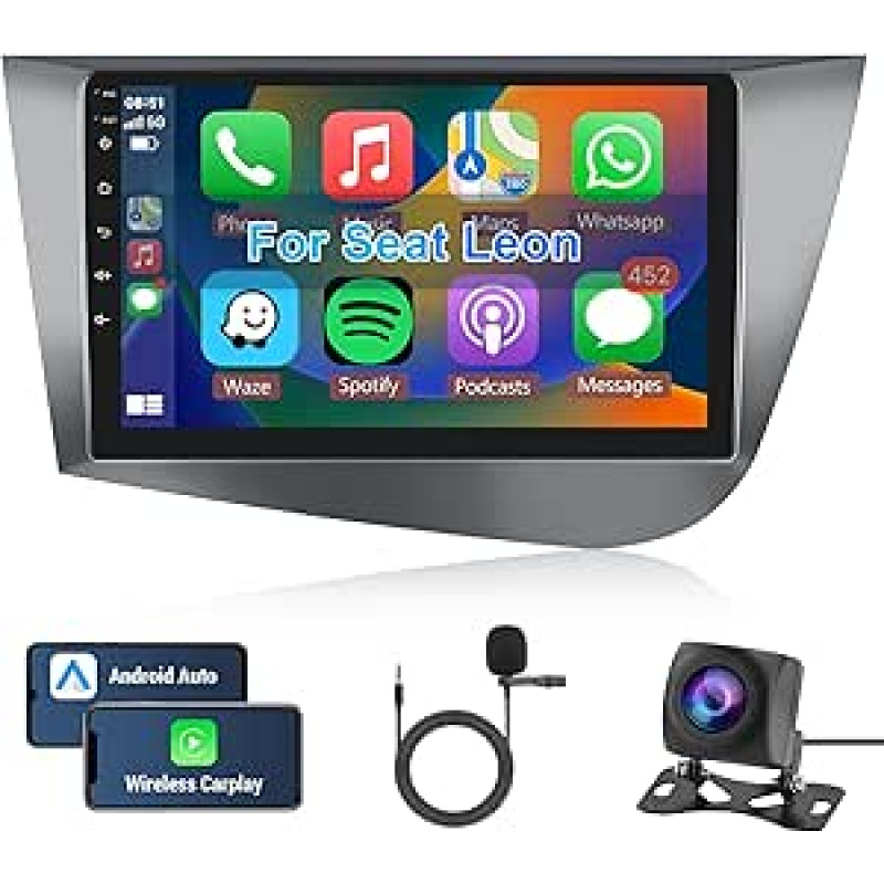 Hodozzy Android automobilinis radijas Seat Leon 2 MK2 2005-2012 m. Belaidis Carplay Android automobilis, 9 colių jutiklinis ekranas Bluetooth HiFi GPS navigacija WiFi FM RDS radijas atbulinės eigos kamera Radijas 2 DIN Seat Leon