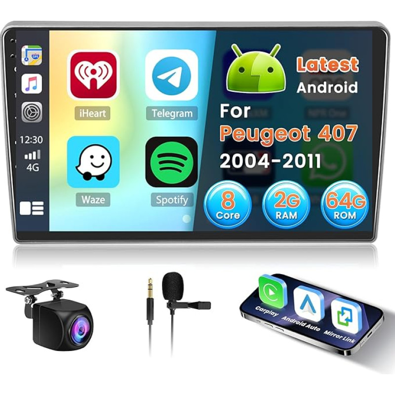 8 Cores Inefala Android Radio for Peugeot 407 2004-2011 with Wireless CarPlay 2+64G, 9 Inch Screen with Android Car 32EQ DSP 59UI FM RDS GPS Bluetooth WiFi SWC AHD Rear View Camera