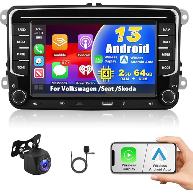 Car Multimedia Player Android 13 2DIN Car Radio Stereo Capacitive Touchscreen High Definition GPS Navigation Bluetooth USB Player Receiver Upgrade System Specialized Player for VW