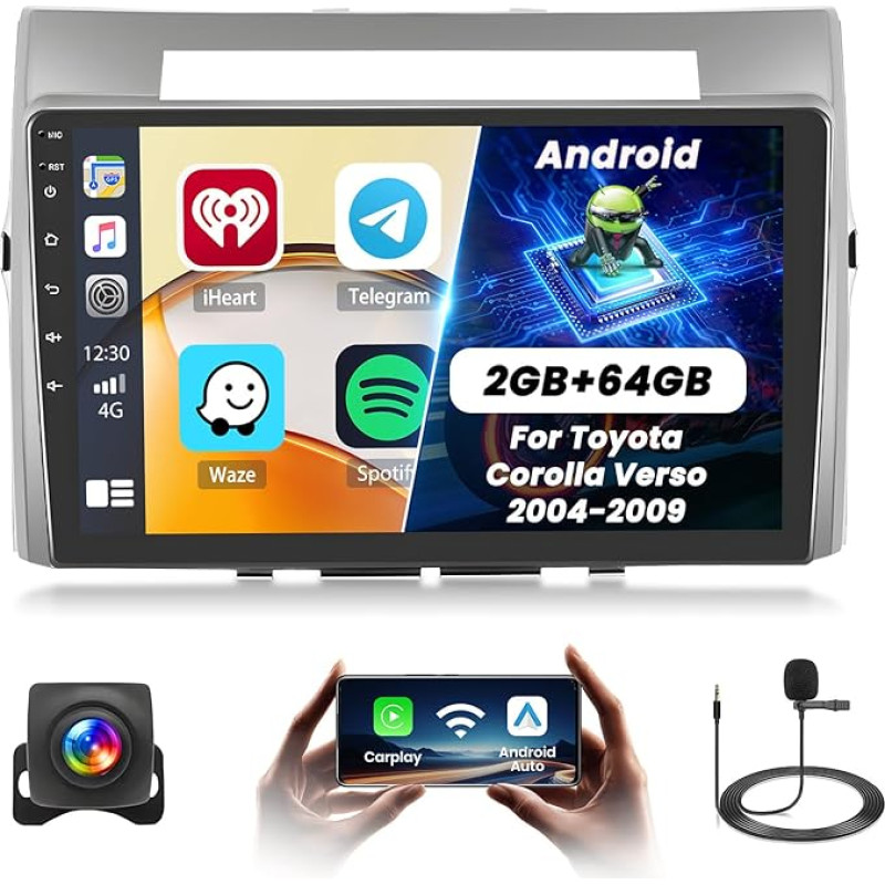 Fuluku 2+64G Android automobilinis radijas Toyota Corolla Verso 2004 2005 2006 2007 2008 2009 su belaidžiu CARPALY & Android Car, 9 colių IPS jutiklinio ekrano radijas su Bluetooth/GPS/ galinio vaizdo kamera/FM/WiFi/SWC