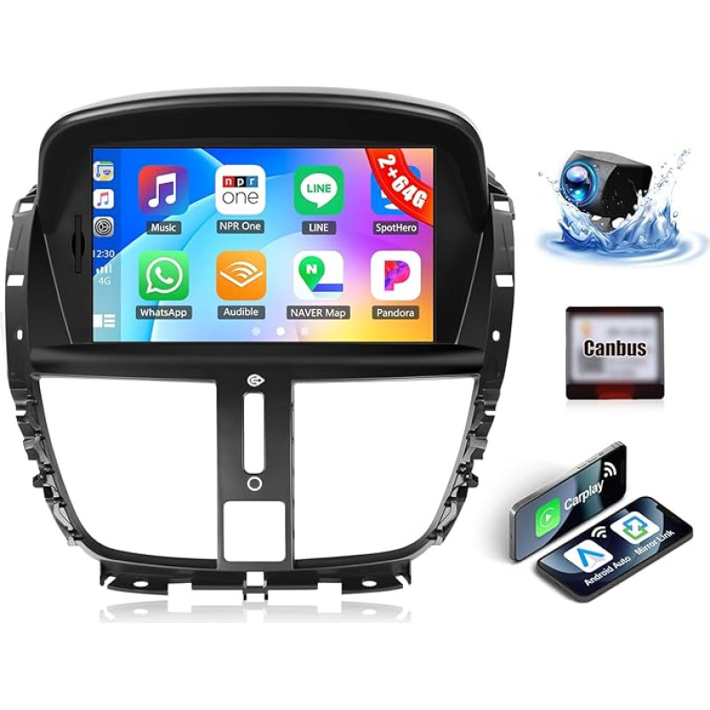 OiLiehu 2G+64G Android 13 Carplay Android Auto Autoradio 2 Din für Peugeot 207 2006-2015 Autoradio Mit Bildschirm 7 Zoll mit EQ/Bluetooth/SWC/FM/RDS/Mirror Link/WiFi/GPS/Rückfahrkamera