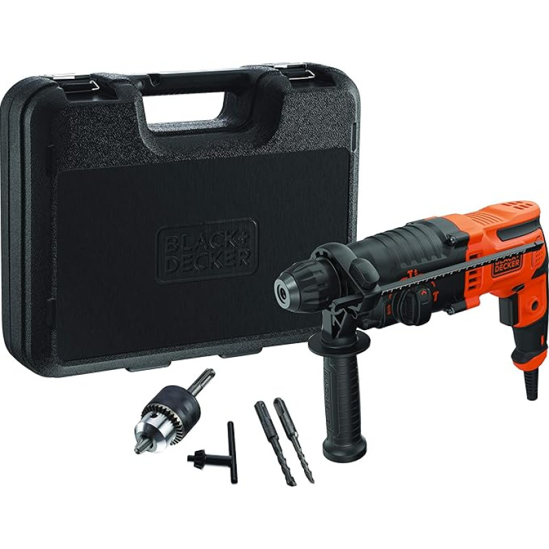 Black+Decker SDS-plus BEHS01K Combination Hammer (650 Watt, 1.4 Joule, for Effective Drilling, Impact Drilling and Light Chiseling Works, Includes 2 SDS-plus Drills, Keyed Chuck Adapter, Case)