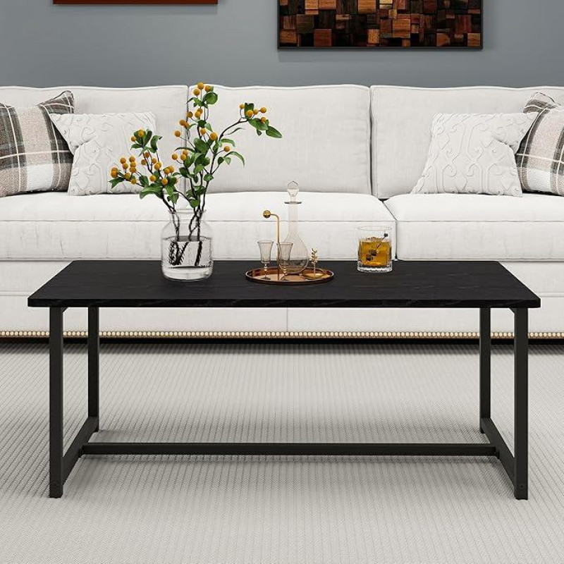 Modern Rectangular Coffee Table, Living Room Table with Metal Frame, Industrial Design, Easy Assembly, Wooden Sofa Table, Side Table, House Table, 90 x 45 x 42 cm, Black