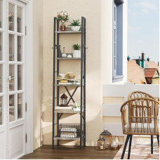 YITAHOME 5 Tier Bookcase, Industrial Ladder Shelf, Freestanding Bookcases, Wooden Shelves and Metal Frame, Bookcase, Modern Shelf for Living Room, Hallway, Office, Grey Standing Shelf