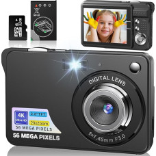 4K skaitmeninis fotoaparatas 56MP foto kamera su automatiniu fokusavimu 20X skaitmeninis priartinimas Nešiojamasis kompaktiškas fotoaparatas su 32GB SD kortele vaikams, paaugliams, pradedantiesiems Dovana (juoda)