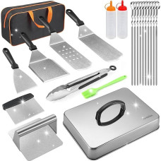 Barbecue Cutlery Set, 22 Grill Accessories for Men, Plancha Cutlery Set Made of Metal with Burger Press, Melting Bell, Carry Bag for Grilling and BBQ, Men