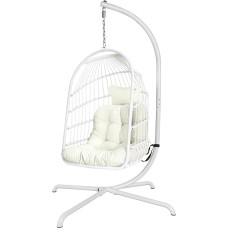 Hanging Chair with Ultra Strong Stand and Cushion, Foldable Wicker Rattan Hanging Chair, Rocking Chair, Indoor Outdoor Patio, Deck Chair, Hammock Chair, 330 lbs Capacity, Balcony, Porch