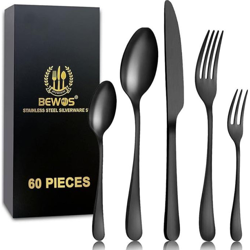 BEWOS Cutlery Set for 12 People, 60-Piece Matte Black Cutlery Set Including Knife, Fork, Spoon, Cutlery, Stainless Steel, Dishwasher Safe