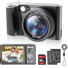 Skaitmeninis fotoaparatas, automatinio fokusavimo 4K kompaktiškas fotoaparatas su 2 1050 mAh baterijomis, 32 GB atminties kortele HD 48 MP 18X skaitmeninis priartinimas 2,8 colio didelis ekranas Skaitmeninis fotoaparatas pradedantiesiems (juodas)