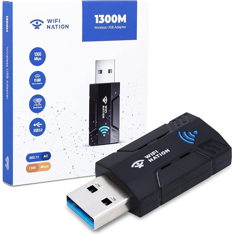 WiFi Nation® Wireless Dongle 1300Mbps WiFi Adapter 2.4G/5G Dual Band Mini USB 3.0 802.11ac Wireless Network Adapter for PC, Desktop, Laptop, Windows, MacOS and Most Linux Distros