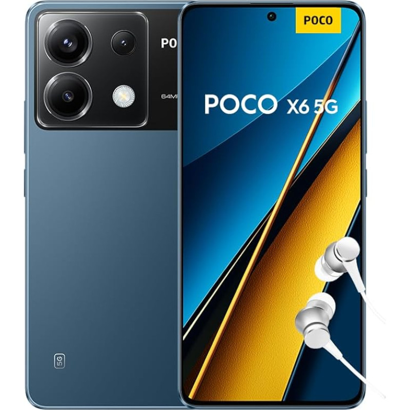 Poco X6 5G išmanusis telefonas, 12 + 512 GB mobilusis telefonas be sutarties, 120 Hz 6,67 colių 1,5 K AMOLED ekranas, 64 MP OIS triguba kamera, 5100 mAh, 67 W turbo įkrovimas, dvi SIM kortelės, mėlyna