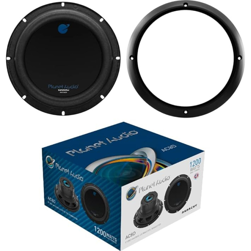 XPL 1 subwoofer compatible with Planet Audio AC8D 20 cm 200 mm 8 inch 600 watt rms and 1200 watt max dvc dual voice coil 4 ohm for car or suitcase + ring, 1 piece