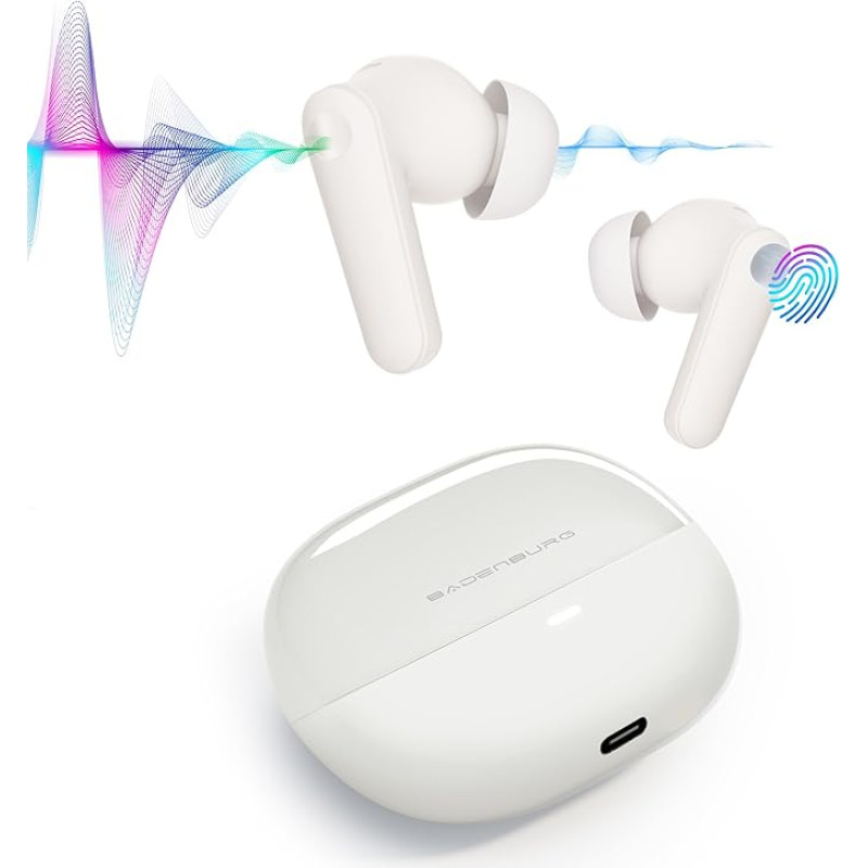 BADENBURG Airbeat 1 Active Noise Cancelling True Wireless Earphones, Improved Bass Bluetooth 5.3 In-Ear Headphones, 48 Hours Playback Time, ENC for Crystal Clear Calls (White)