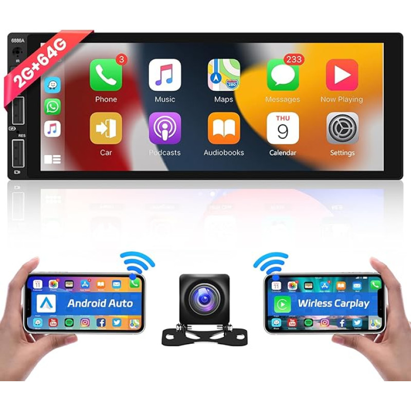 Hodozzy 2G 64G Android 13 Wireless Carplay Android Car, Car Radio 1 DIN 6.86 Inch Touchscreen Screen Car Radio GPS Navigation Wi-Fi, Radio 1 DIN Bluetooth FM/RDS USB AUX Input / EQ SWC + Reversing