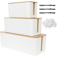 STARVAST Pack of 3 Cable Box, White, Storage Box for Cables with Wooden Lid, Large and Small Cable Management Box Adapter, Wire Storage Box for Hiding Cables, Organising