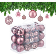 Relaxdays Christmas Baubles Set of 50, Glitter, Matte & Shiny Christmas Tree Baubles, Plastic, Diameter 3, 4 & 6 cm, Pink