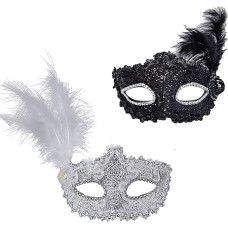 BINQILIN Masquerade Mask Pack of 2 Masquerade Mask with Feather Venetian Party Mask Halloween Dress Up Carnival Mask for Women and Men