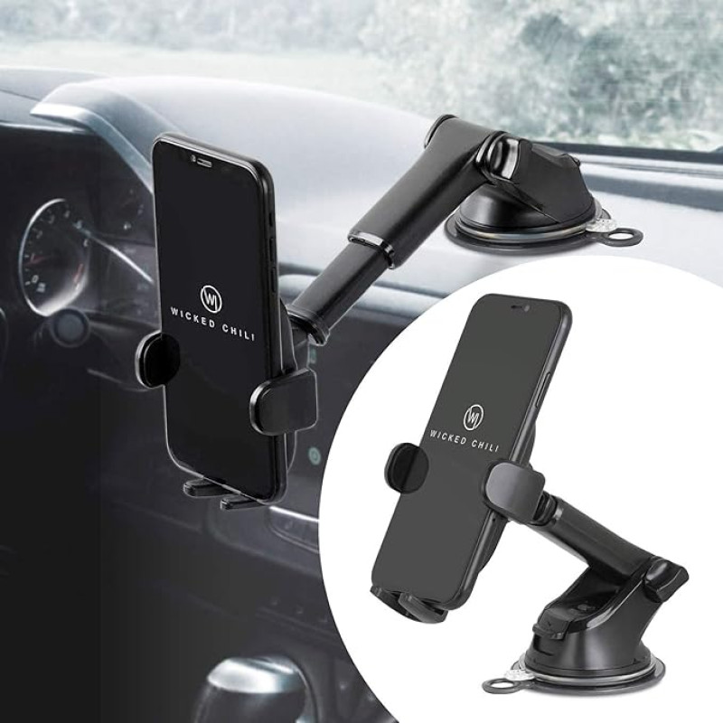 Wicked Chili 2-in-1 Car Mobile Phone Holder for iPhone 15, 14, 13 (Pro, Max, Plus, Mini) Samsung Galaxy, A, Pixel, Xiaomi Redmi Universal Suction Cup/Dashboard Car Mount, Rotatable