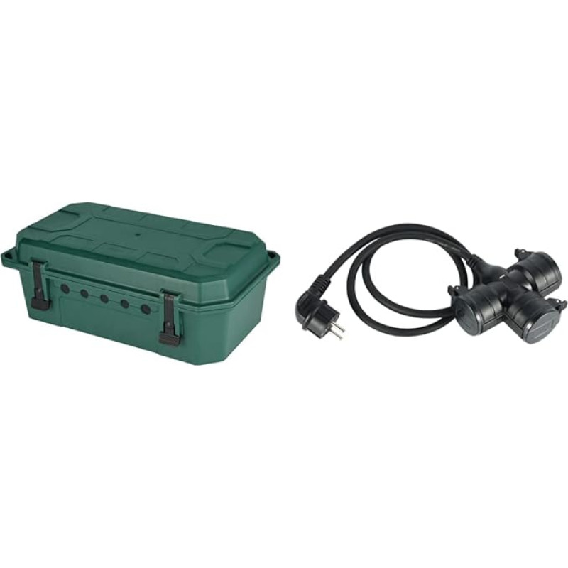 Electraline 300180 Waterproof Protective Box for Electrical Connections, Green & 55095 Construction Site Extension Cable 1 m, Cable H07RN-F3G1.5 with 3-Way Rubber Coupling IP44 for Outdoor Use, Black