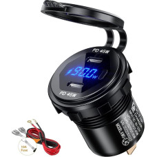 Thlevel KFZ Ladegerät Type C Steckdose 12V / 24V 90W Auto Ladegerät Dual Port PD Typ C mit LED Digital Voltmeter Anzeige und Schalter Handy Schnellladung Wasserdicht für KFZ Fahrzeuge Boot Motorrad