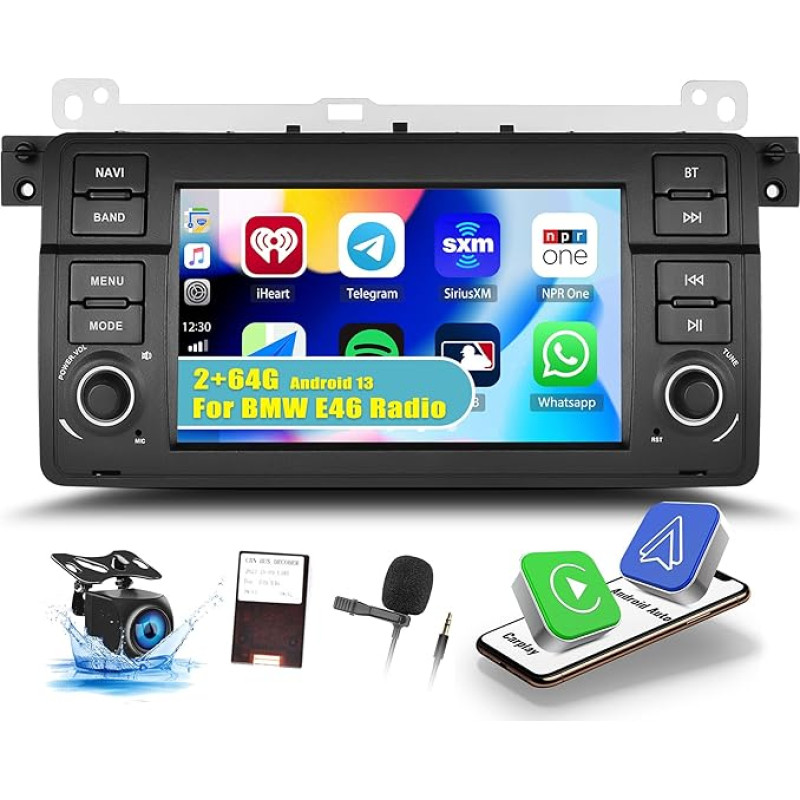 OiLiehu 2+64G Android 13 Carplay Android Car Radio 2DIN for BMW E46 Radio Touring 1998-2006 Car Radio with Screen 7 Inch with Mirror Link/HiFi/Equalizer/Bluetooth/FM RDS/WiFi/GPS/Rear View Camera