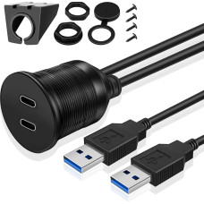 TNP USB C Panel Socket Cable - 1 m, Car USB 3.0 Installation Socket Cable, USB Type C Extension Cable, USB Dashboard Cable, 2 x Type A Male to 2 x Type C Female for Car, Truck, Boat, Motorcycle, Black