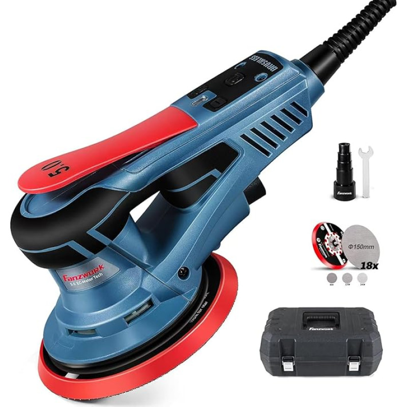 FANZWORK EZ150A bešepetėlinis atsitiktinis orbitinis šlifuoklis su dėklu, 5 mm šlifavimo eiga, 150 mm šlifavimo diskas, 350 W variklis, 7 pakopų greičio reguliavimas, diskinis stabdys, 9 x šlifavimo tinkleliai, 1 x atsarginis