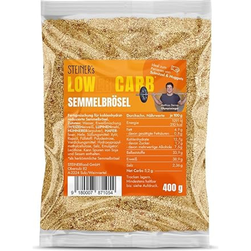 STEINER'S Low Carb High Protein Breadcrumbs, tik 5,2 g grynųjų angliavandenių ir 38,9 g baltymų 100 g, skaidulinės medžiagos, duonos trupinių alternatyva traškiems duonos trupiniams, 1 x 400 g