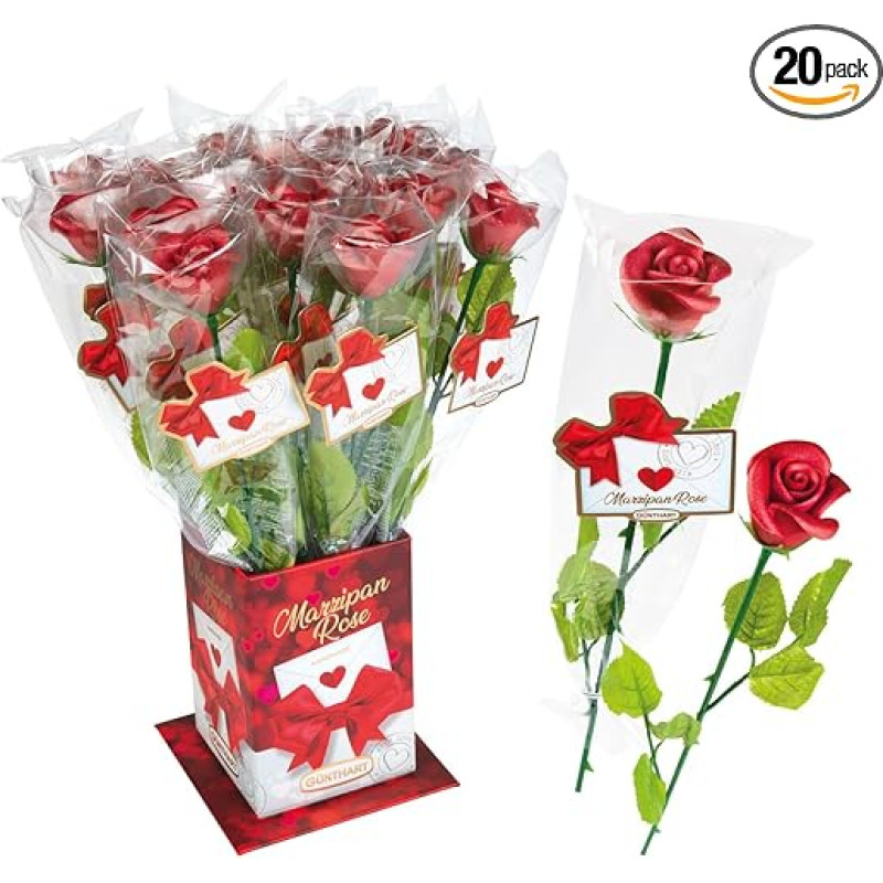 Günthart Elegance Marcipaninės rožės ant stiebo, kurio aukštis apie 420 mm Pakuotė 20 vnt. (20 x 30 g)