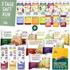 LiveFresh 3 Day Juice Treatment + Shape Bundle, High Protein Package with 12 Skyr (250 ml), 2 Pasta (250 g) & 7 Ready Meals (400 g), Juice Treatment with 21 Juices (250 ml) & 9 Shots (60 ml)