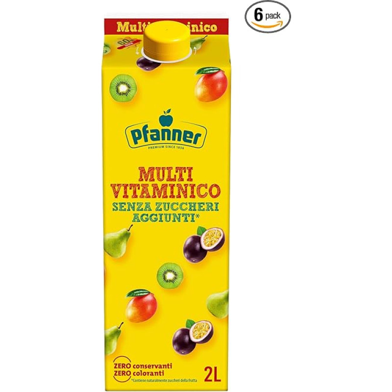 Pfanner Multi No Added Sugar 60% (6 x 2 L) - Multivitamin Drink without Added Sugar - 60% Fruit Content - Soft Drink in Storage Pack