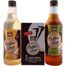 Schwartau Coffee Shop 2 Dosing Pumps with Schwartau Coffee Shop Vanilla Syrup 650 ml and Schwartau Coffee Shop Hazelnut Syrup 650 ml