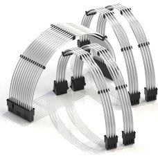LINKUP - 30 cm Power Supply Cable Extension 18AWG Oxygen-Free Copper Teflon Sheath Custom Mod GPU PC with Comb Kit | 1x 24P (20+4) | 2X 8P (4+4) CPU | 2X 8P (6+2) GPU Set | 300mm - Silver