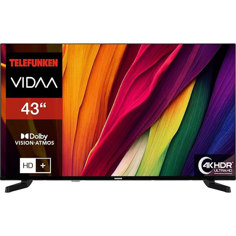 Telefunken VIDAA D43U790B2CW 4K TV 43 Inch Smart TV UHD, HDR TV with Dolby Vision, Triple Tuner and 6 Months HD+ Including LED TV, Black