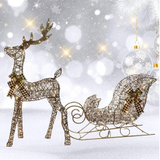 Kalėdų dekoracijos iš rotango elnias ir rogės 2 dalys - HOYECHI šviečiančių kalėdinių dekoracijų rinkinys su elniuku, skirtas vidaus patalpoms lauke, kiemo verandai, su žemės kuolais - rudos spalvos