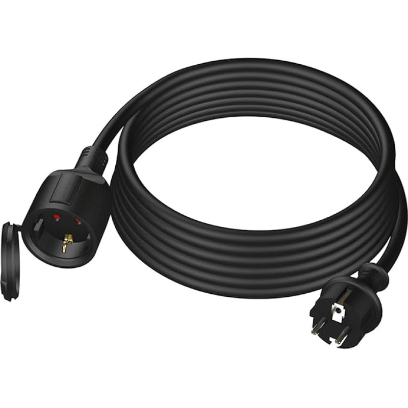 Extension Cable 5 m Outdoor Rubber Extension with Schuko Plug for Outdoor Use IP44 Cable Extension H05RR-F 3G 1.5 mm² 3500 W Electric Cable Outdoor with Protective Cap Black